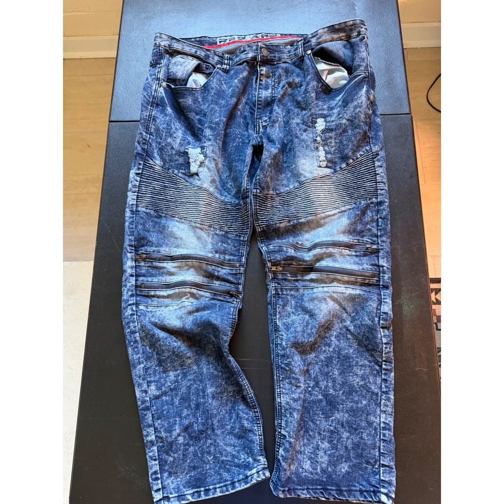 Red Ape Mens Biker Jeans Acid Wash Blue Moto Zipper Distressed Denim Size 44
